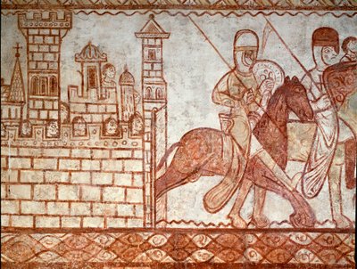 Beleiringen av Damaskus (detalj av fresken av kapellet til templarene til Cressac Saint Genis) av Romanesque