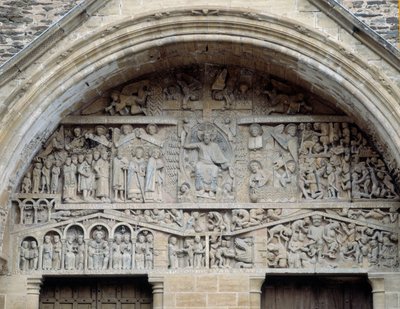 Utsikt over den siste dommens tympanon, Kristus mellom paradis og helvete (skulptur av Romanesque