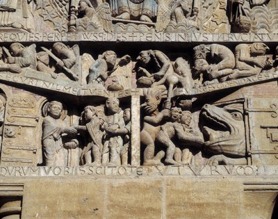 Utsikt over tympanumen til siste dom, detalj av helvete (skulptur av Romanesque