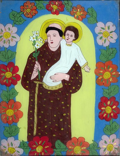 St. Antonius av Padua (1195-1231) fra Transylvania, 1950-80 (malt glass) av Romanian School
