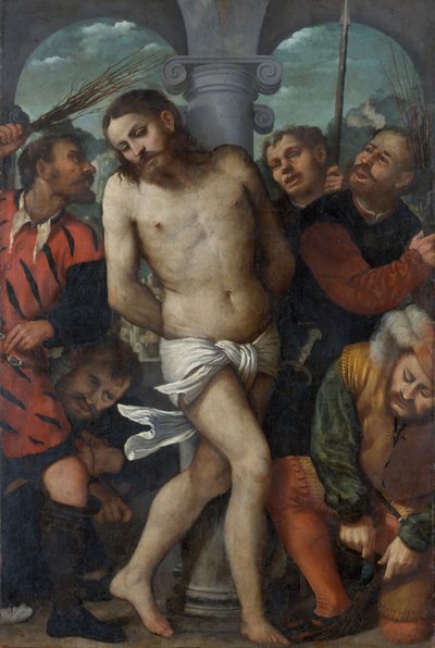 The Flagellation, omvendt The Madonna of Mercy, ca. 1540. av Romanino