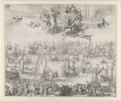 Reisen til Willem III til England, 1688 Sea Journey uyt Hellevoet Sluys av SKH Wilhem Henrik Av G. Ga. Prins av Orangeie Erfstadh. Lokk. og Adm. Gene. van De vereenigde staet / For restaurering av grunnlovene og sann religion i Engelant Sch av Romeyn de Hooghe (attributed to workshop of)