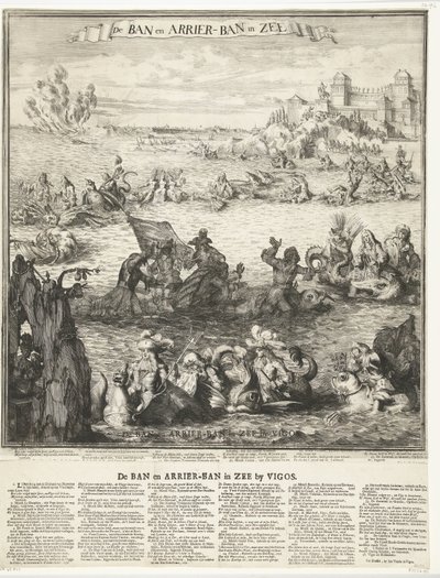 Tegneserie av inntak av sølvflåten ved Vigo, 1702 Forbudet og ankomstforbudet i sjøen (tittel på objekt) Forbudet og ankomstforbudet i havet ved Vigos (tittel på objekt) av Romeyn de Hooghe (possibly)