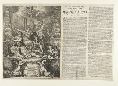 Allegori om Michiel de Ruyters død, 1676 Het Leven en Bedryf van den Ed: Manhaften Heer, Den Heer Michaël de Ruyter Ridder av St. Michiels orden, &c. Lt. Generaladmiral av Hollandt og West-Vrieslandt (tittel på objekt) av Romeyn de Hooghe