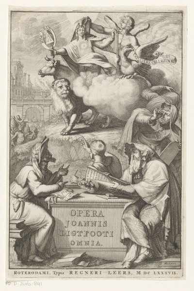 Allegorisk figur med jødisk mann Tittelside for: John Lightfoot, Opera Joannis Ligtfooti omnia, 1686 av Romeyn de Hooghe