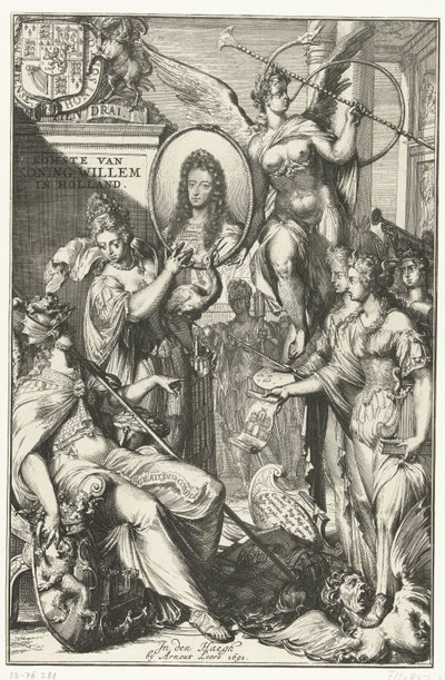 Allegorisk frontispice med portrett av William III Ankomst av kong William i Holland (tittel på objekt) av Romeyn de Hooghe