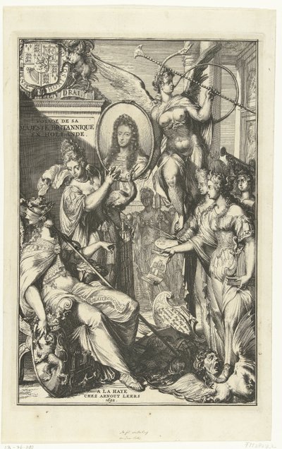 Allegorisk frontispice med portrett av William III Voyage de sa Majeste Britannique en Hollande (tittel på objekt) av Romeyn de Hooghe