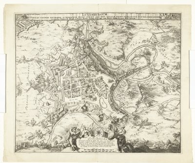 Bombardement av Luxemburg fra maarschalk de Créquy, 1684 Luxemburg, leder. etternavn metropol en chimacens-prins stren def. reg. Men Gaulske armer okkuperte ham. 4. juni Ao. 8834 (tittel på objekt) av Romeyn de Hooghe