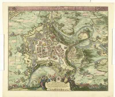 Bombardement av Luxemburg fra maarschalk de Créquy, 1684 Luxemburg, leder. etternavn metropol en chimacens-prins stren def. reg. Men Gaulske armer okkuperte ham. 4. juni Ao. 8834 (tittel på objekt) av Romeyn de Hooghe