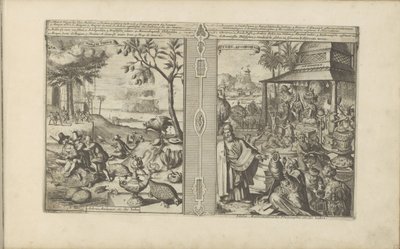 Bomen, dieren en noten; Verering van godsbeelden Mangas Nooten / trær, dyr, etc. of India // Tyden, Afgoden / Idoler, matematikere, filosofer etc. of India (tittel på objekt) Øst- og Vestindia og andre steder (serietittel) av Romeyn de Hooghe