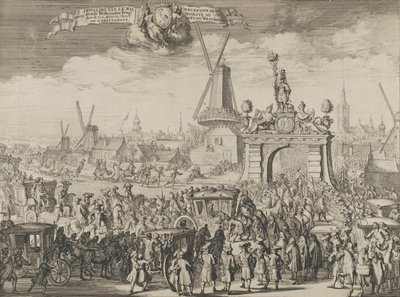 Vilhelm III:s inntog i Haag Inhaling van S.K. Maj. aende Westeynder brug dør ..., 1691. av Romeyn de Hooghe