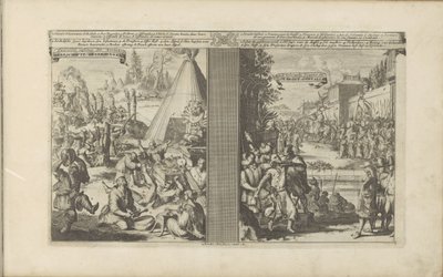 Leger i Arclada; Jesuitt barbert av en bommester i Golkonda Guerisons infames des Arclades / Rude Healings // Roi de Golconde, Douane, etc / Tolrecht, en Cases (tittel på objekt) Les Indes Orientales et Occidentales et autres av Romeyn de Hooghe