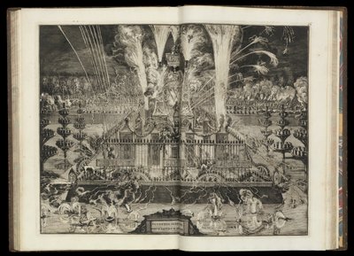 Storslått fyrverkeri. Fra «Hans britiske majestets triumferende tilbakekomst til Holland» (CBL AL 146, pl. 67) av Romeyn de Hooghe