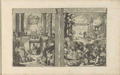 Hof van de Tartaarse keizer; Braziliaanse Tapoeiers bereiden hun voedsel Tartarische Keyzer / Empereur des Tartares et sa magnificence // Brasiliaensche Kledingen / Brasiliens, Tapuyers, etc (title on object) Les Indes Orientales et Occidentales et autre   av Romeyn de Hooghe