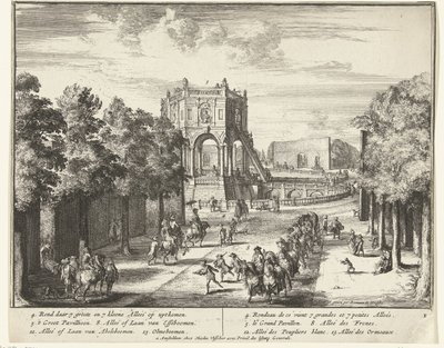 Avenue i parken Enghien som fører til en paviljong The Park of Enghien (Enghien) (serietittel) av Romeyn de Hooghe