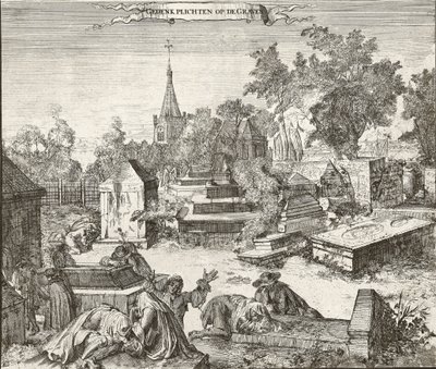 Sorg på den portugisisk-jødiske kirkegården til Beth Haim av Ouderkerk på Amstel i Nederland - Gravering av Romeyn de Hooghe (1645-1708) av Romeyn de Hooghe