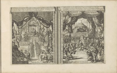 Rechtbank i Kina en Abbesinië Kinesisk rechtbank / tribunal des Chinois // Abyssinise Gerichts Handel / Justice des Abissins (tittel på objekt) Øst- og Vestindia og andre steder (serietittel) av Romeyn de Hooghe