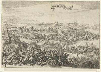 Slaget ved Seneffe, 1674 Seer rasende Attacque forvandles til en Bataille mellom Armies of the Geallie. en der Fransen (tittel på objekt) Beskrivelse av Furieuse Attacque der Franssen, On the Bagagie of the Army of the Allies: Blir til en sc. av Romeyn de Hooghe