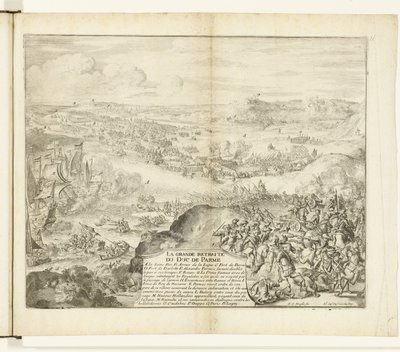 Retreat av hertugen av Parmas hær, 1592 La grande retreat du duc de Parme (tittel på objekt) Guerres de Flandres (serietittel) av Romeyn de Hooghe