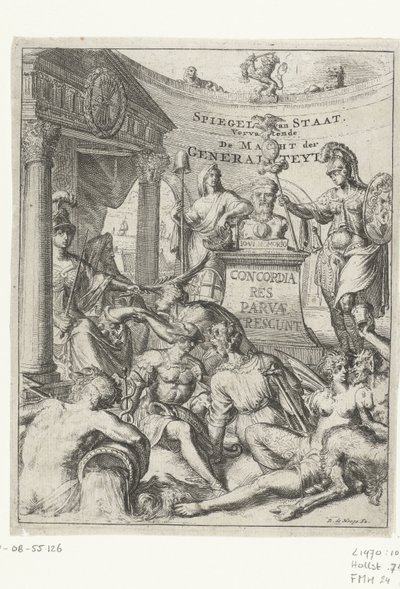 Titteltrykk for del 2 av 'Spiegel van Staat' av Romeyn de Hooghe Spiegel van Staat. Inneholder kraften til generaliteten (tittel på objekt) av Romeyn de Hooghe