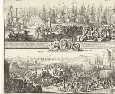 Reise til William III til England, 1688 Avgang av S.K.H. etter England, den 11. nov. 1688 / Ankomst av S.K.H.D.P. av Orange i England, 15. og 16. nov. 1688 (tittel på objekt) Avdeling for S.A.R. pour Angleterre, Le 11. No. 1688 / Arrival de S.A av Romeyn de Hooghe