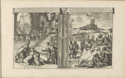 Tribunaal i Perzie; Khoikhoi i Guineers Court of the Persians // Hottentots in Guineesche / Hottentots and Inhabitants of Guinea (tittel på objekt) Øst- og Vestindia og andre steder (serietittel) av Romeyn de Hooghe