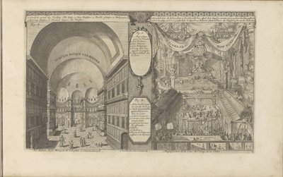 tyrkisk moske i Konstantinopel; Keizerlijkhof i Kina Turksche håner van binnen / Interiøret i S. Sophia-moskeen, i Konstantinopel // Kinesisk Hof Pomp / Prakt ved domstolen i Emp. fra Kina. (tittel på objekt) Øst-India og O av Romeyn de Hooghe