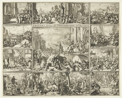 Forfølgelse av protestanter i Frankrike etter opphevelsen av ediktet av Nantes, 1685-1686 Tyrann mot de reformerte i Vrankrijk (tittel på objekt) av Romeyn de Hooghe