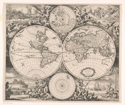 Verdenskart med en allegori over de fire elementene Nova totius terrarum orbis tabula (tittel på objekt) av Romeyn de Hooghe