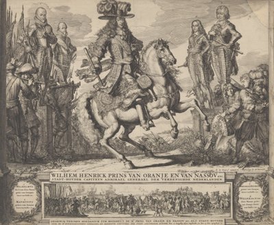 William III som prins av Orange, med de fire foregående Stadthouders, William I, Maurice,..., n.d. av Romeyn de Hooghe