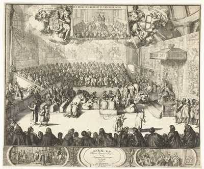 Zitting van het Lagerhuis met koningin Anna op de troon, 1702 Anna, DG for dronningen av Storbritannia, ut et Magnatum Proceorum i Anglia Confessus (tittel på objekt) av Romeyn de Hooghe