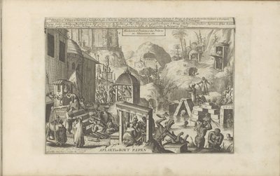 Sone i boks Aflaet en Boet Papen / Absolution and Penitence of Priests in Abissinia, etc. (tittel på objekt) Øst- og Vestindia og andre steder (serietittel) av Romeyn de Hooghe