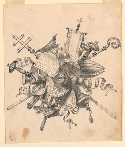 Tegning, trofé med kirkelige gjenstander, 1830–1850 av Romolo Achille Liverani