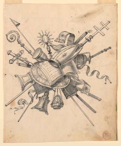 Tegning, trofé med kirkelige gjenstander, 1830–1850 av Romolo Achille Liverani