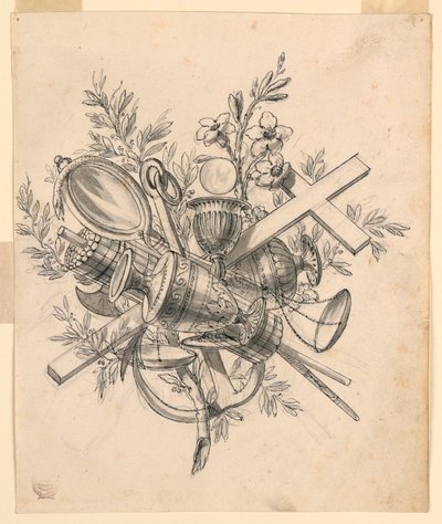 Tegning, trofé med symboler for dydene, 1830–1850 av Romolo Achille Liverani