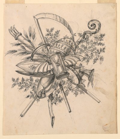 Tegning, trofé med vinget timeglass, 1830–1850 av Romolo Achille Liverani
