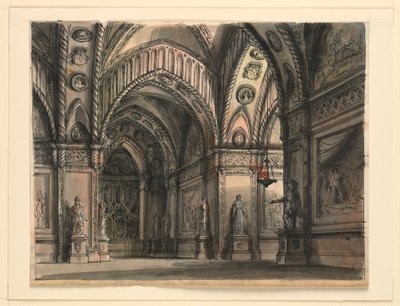 Stage Design, A Queen's Apartment fra balletten "Il Conte d'Essex" av Gaetano Gioja, først fremført på La Scala i 1818 av Romolo Achille Liverani