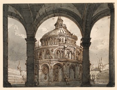 Scenedesign, Atrium med Hospitallernes tempel for Operaen "La Straniera" av Vincenzo Bellini av Romolo Achille Liverani