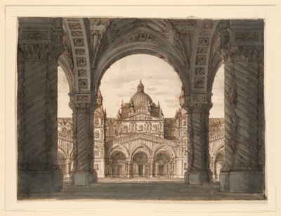 Scenedesign, kirkefasade fra en loggia, I due Valdomiri av Felice Romani, musikk av Pietro de Winter. Fremført på La Scala, Milano, 1818 av Romolo Achille Liverani