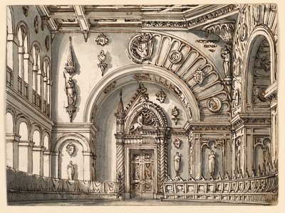 Scenedesign, rådssal i to gotiske stiler av Romolo Achille Liverani