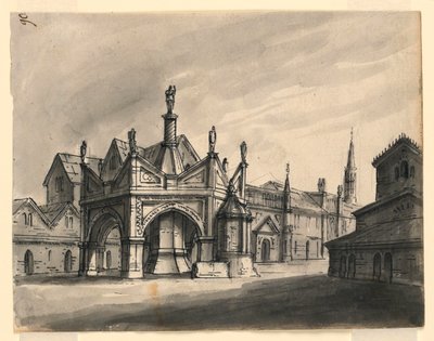 Scenedesign, eksteriør av gotiske bygninger av Romolo Achille Liverani
