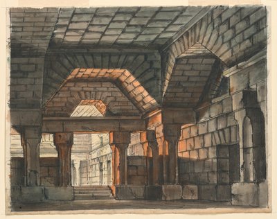 Scenedesign, befestet slottsinteriør for "Ciro in Babilonia" av Gioachino Rossini, La Scala, Milano, 1818, "Underground Prison" av Romolo Achille Liverani