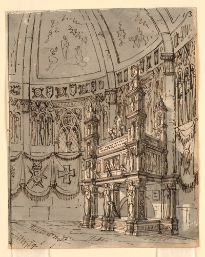 Scenedesign, interiør i gotisk kirke av Romolo Achille Liverani
