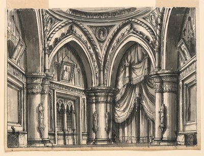 Scenedesign, interiør i High Gothic Hall med Ogival Arches av Romolo Achille Liverani