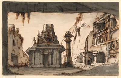 Scenedesign, orientalske bygninger blant huler og steiner av Romolo Achille Liverani