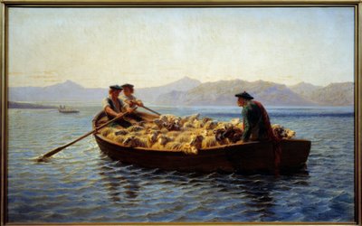 Endring av beite. Hyrder gikk ombord i flokken med sauer for å ta dem til den andre bredden. Maleri av Rosa Bonheur (1822-1899) av Rosa Bonheur