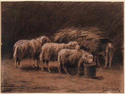 Et par sauer og en vær i en stall av Rosa Bonheur