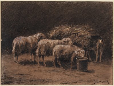Et par sauer og en vær i en stall av Rosa Bonheur