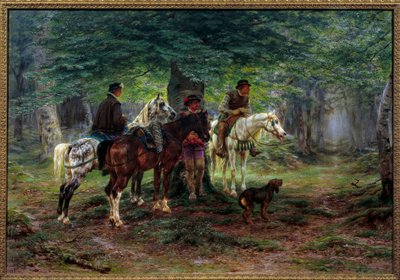 Ryttere overrasket av et regn (1600-tallet). I en skog gjemmer menn på hesteryggen under et tre og venter på at regnet skal slutte å falle. Maleri av Rosa Bonheur (1822-1899) av Rosa Bonheur