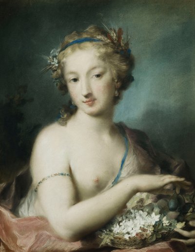 Flora, halv lengde, holder plommer, av Rosalba Giovanna Carriera